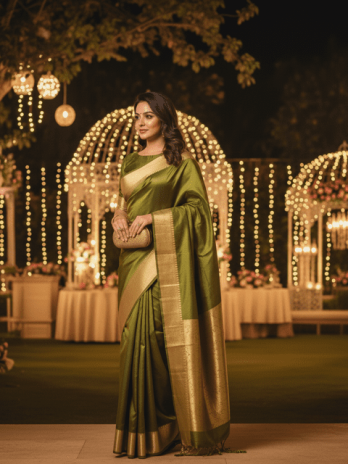 Olive Green Silk Guest Saree