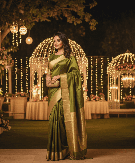 Olive Green Silk Guest Saree - Image 2