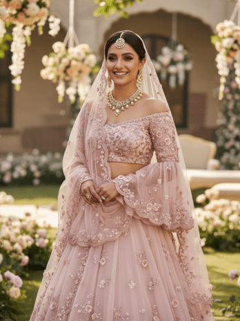 Pastel Pink Organza Bridal Lehenga