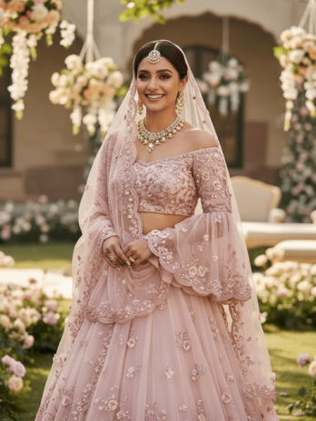 Pastel Pink Organza Bridal Lehenga