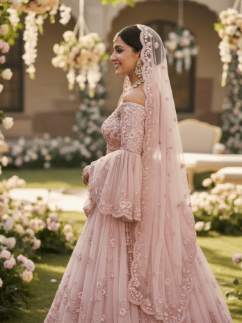 Pastel Pink Organza Bridal Lehenga
