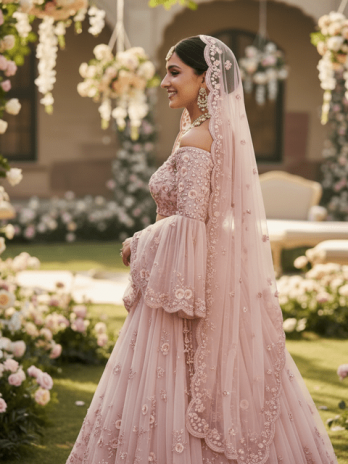 Pastel Pink Organza Bridal Lehenga