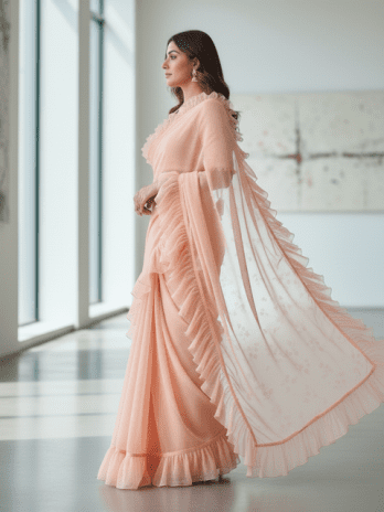 Peach Organza Ruffle Guest Saree