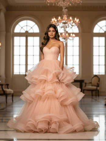 Peach Organza Ruffle Reception Gown
