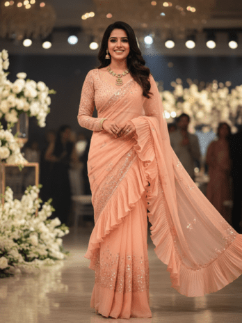 Peach Organza Ruffled Bridal Saree