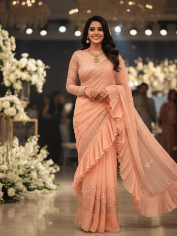 Peach Organza Ruffled Bridal Saree