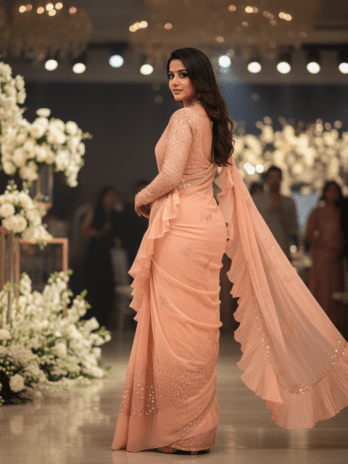 Peach Organza Ruffled Bridal Saree