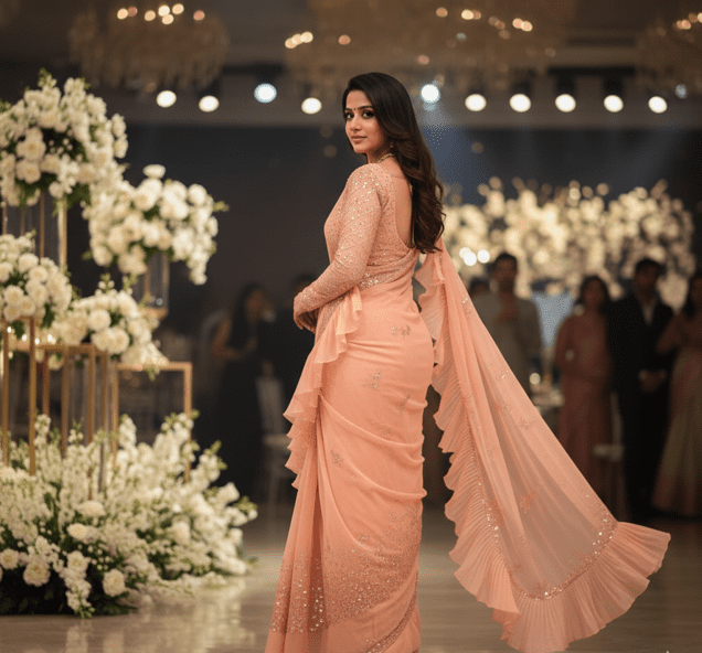 Peach Organza Ruffled Bridal Saree - Image 2
