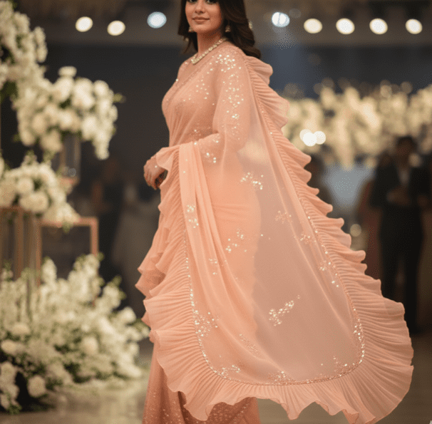 Peach Organza Ruffled Bridal Saree - Image 3