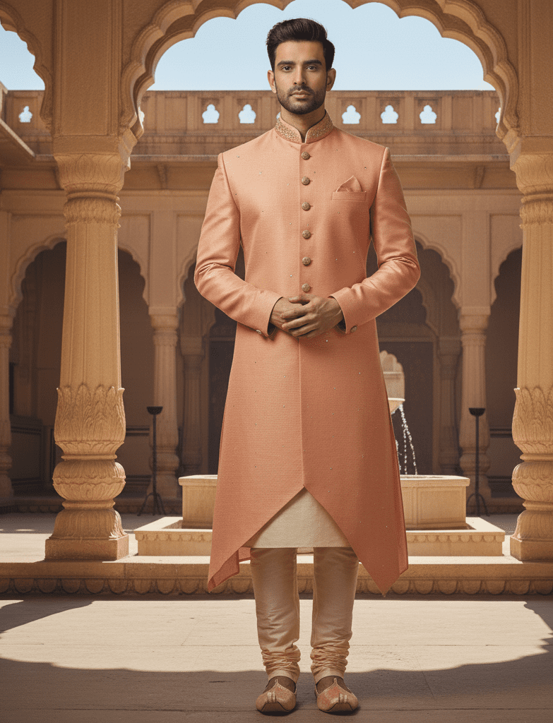 Peach Silk Blend Indo-Fusion Sherwani - Image 5