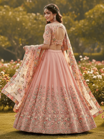 Peach Silk Floral Embroidered Bridal Lehenga