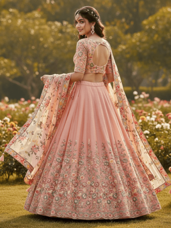 Peach Silk Floral Embroidered Bridal Lehenga