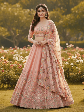 Peach Silk Floral Embroidered Bridal Lehenga