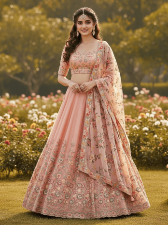 Peach Silk Floral Embroidered Bridal Lehenga