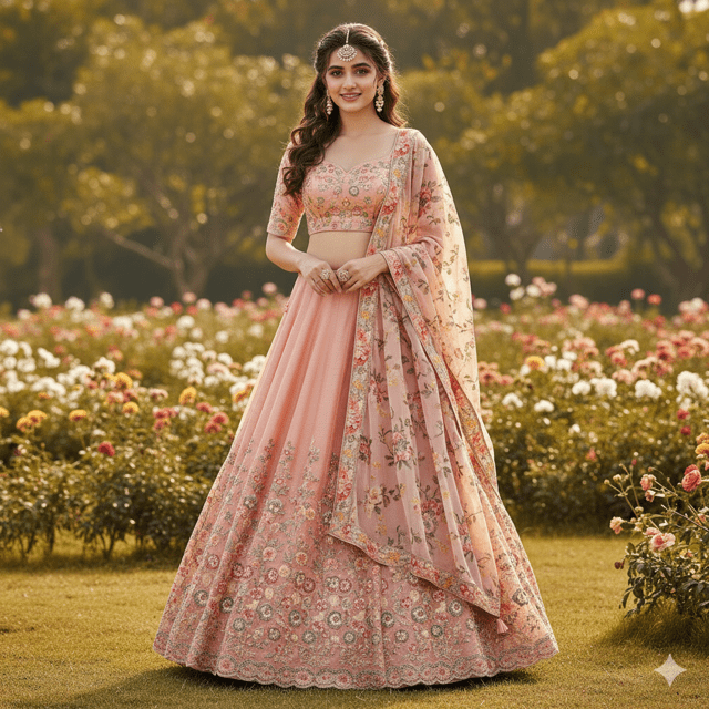 Peach Silk Floral Embroidered Bridal Lehenga - Image 2