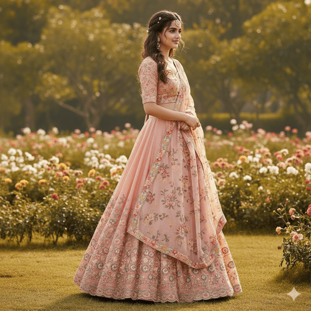 Peach Silk Floral Embroidered Bridal Lehenga - Image 3