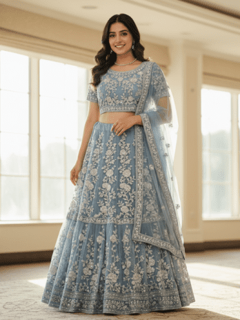 Powder Blue Net Embroidered Guest Lehenga