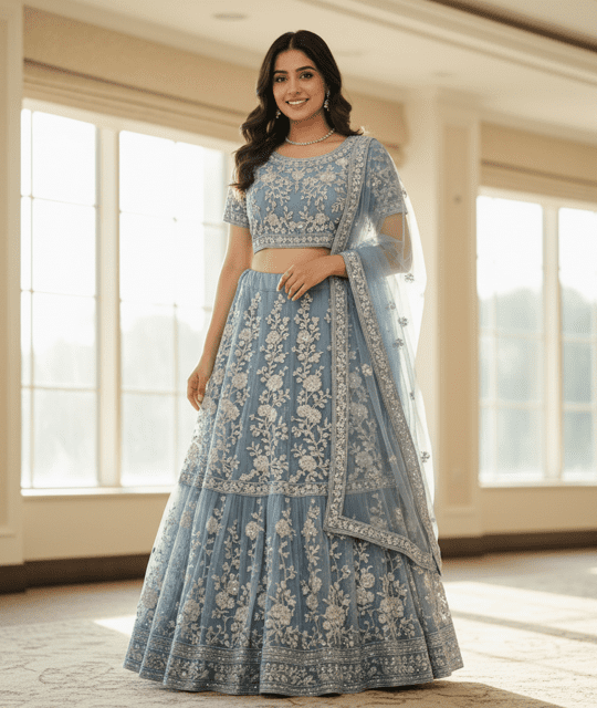 Powder Blue Net Embroidered Guest Lehenga