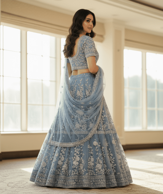 Powder Blue Net Embroidered Guest Lehenga - Image 3
