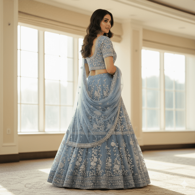 Powder Blue Net Embroidered Guest Lehenga - Image 3