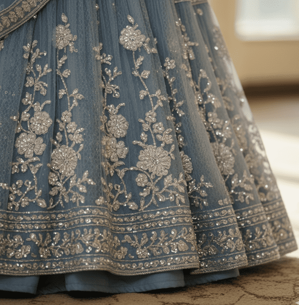 Powder Blue Net Embroidered Guest Lehenga - Image 4