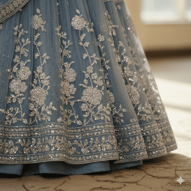 Powder Blue Net Embroidered Guest Lehenga - Image 4