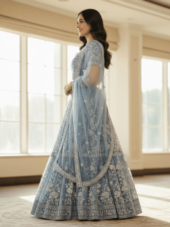 Powder Blue Net Embroidered Guest Lehenga