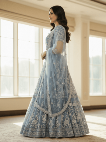 Powder Blue Net Embroidered Guest Lehenga