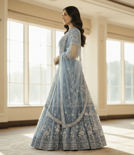 Powder Blue Net Embroidered Guest Lehenga - Image 2