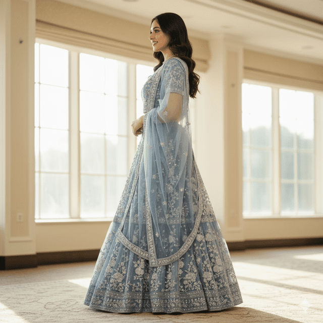 Powder Blue Net Embroidered Guest Lehenga - Image 2