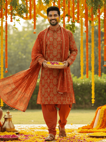 Rust Orange Printed Haldi Kurta Set – Men