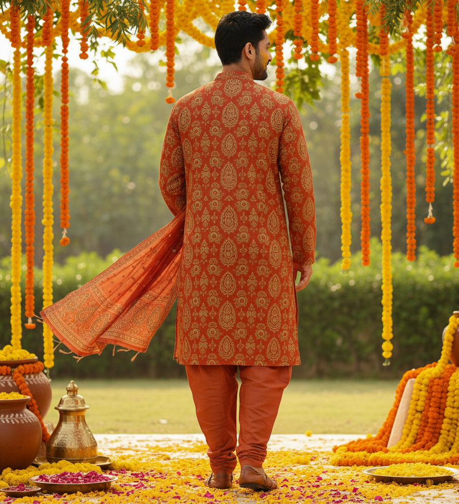 Rust Orange Printed Haldi Kurta Set - Men - Image 3