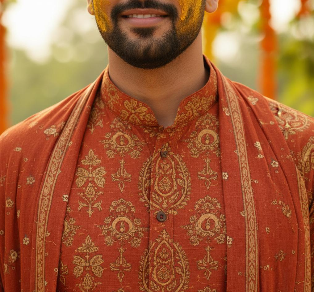 Rust Orange Printed Haldi Kurta Set - Men - Image 4