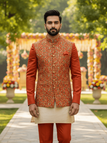 Rust Orange Silk Jodhpuri with Bundi