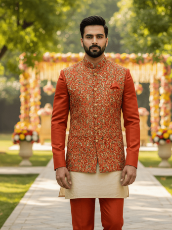 Rust Orange Silk Jodhpuri with Bundi