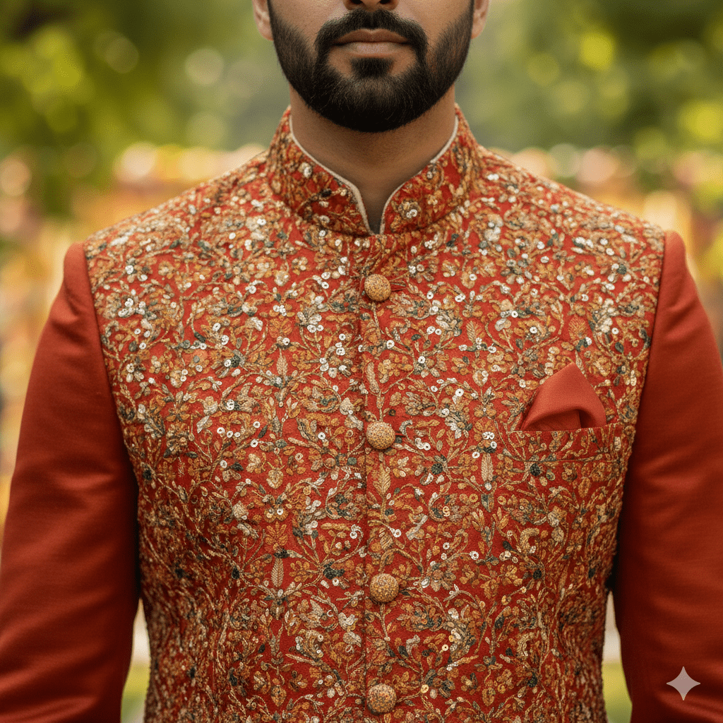 Rust Orange Silk Jodhpuri with Bundi - Image 4