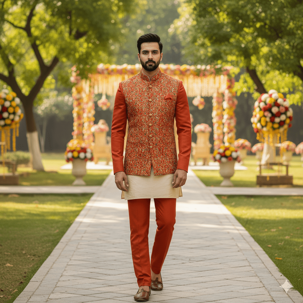 Rust Orange Silk Jodhpuri with Bundi - Image 3
