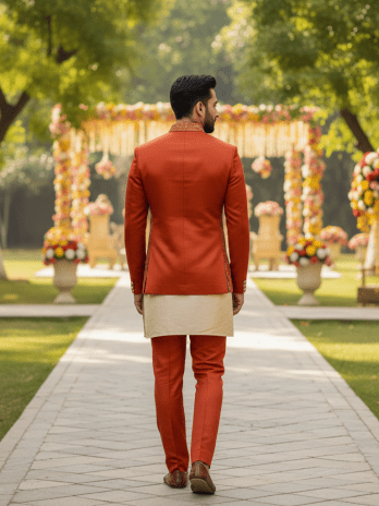 Rust Orange Silk Jodhpuri with Bundi