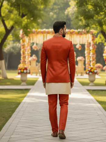 Rust Orange Silk Jodhpuri with Bundi