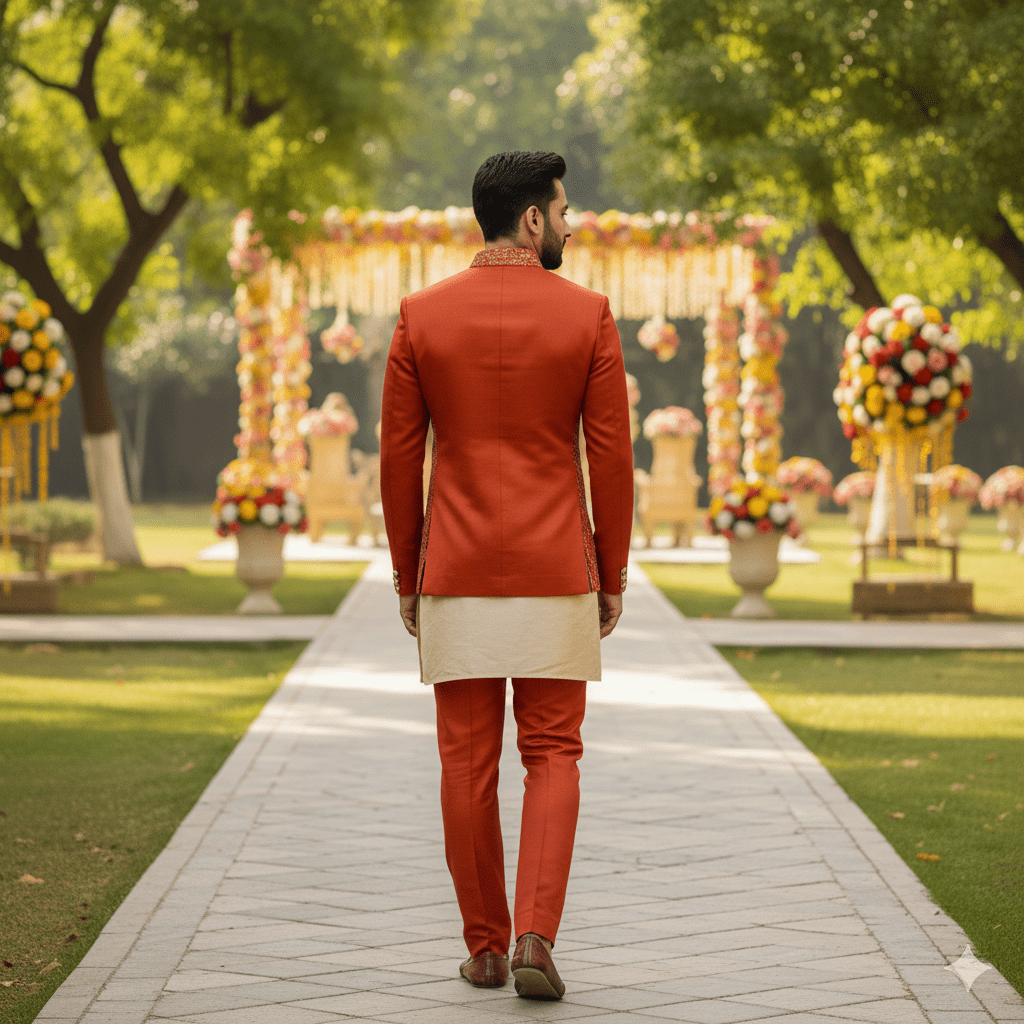 Rust Orange Silk Jodhpuri with Bundi - Image 2