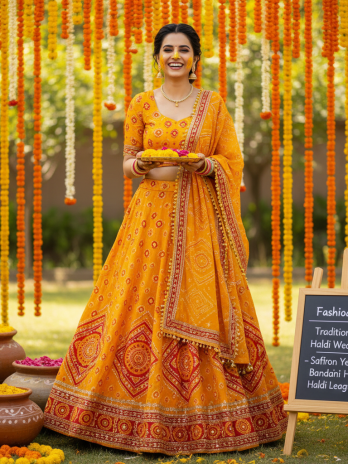 Saffron Yellow Bandhani Haldi Lehenga