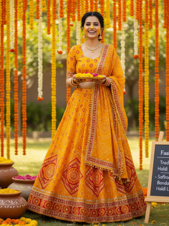 Saffron Yellow Bandhani Haldi Lehenga