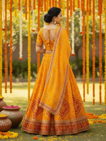 Saffron Yellow Bandhani Haldi Lehenga