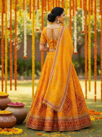 Saffron Yellow Bandhani Haldi Lehenga