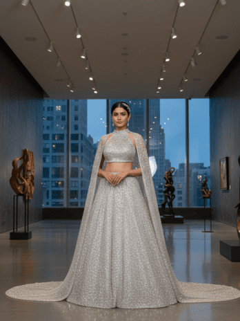 Silver Sequin Cape-Style Reception Lehenga