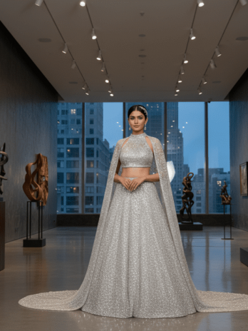 Silver Sequin Cape-Style Reception Lehenga
