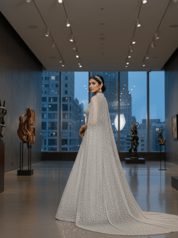 Silver Sequin Cape-Style Reception Lehenga