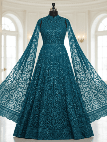 Teal Blue Cape-Style Indo-Western Gown
