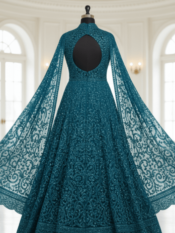 Teal Blue Cape-Style Indo-Western Gown