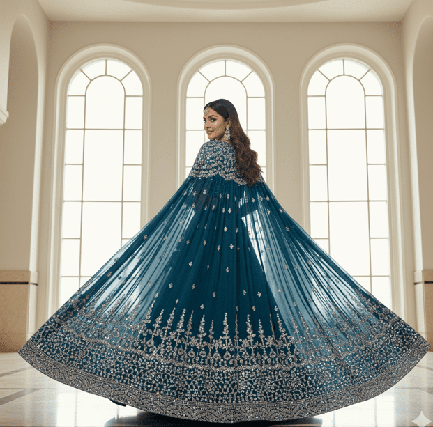 Teal Blue Georgette Cape-Lehenga Set - Image 4